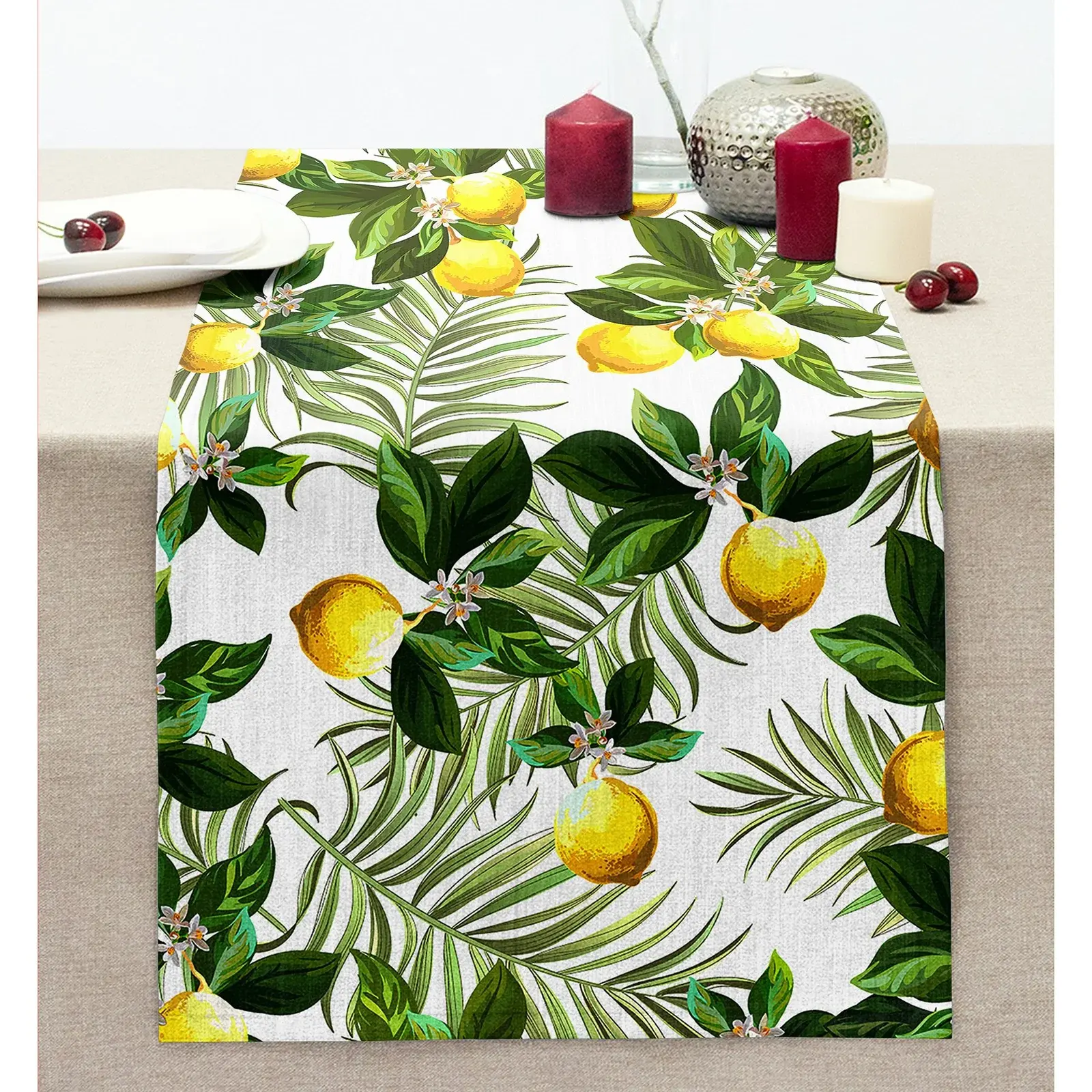 Limon Yaprakları Desenli Dijital Baskılı Dikişli Şönil Runner 36*185