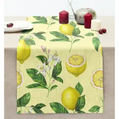 Krem Zeminli Limon Desenli Dekoratif Dikişli Şönil Runner 36*185