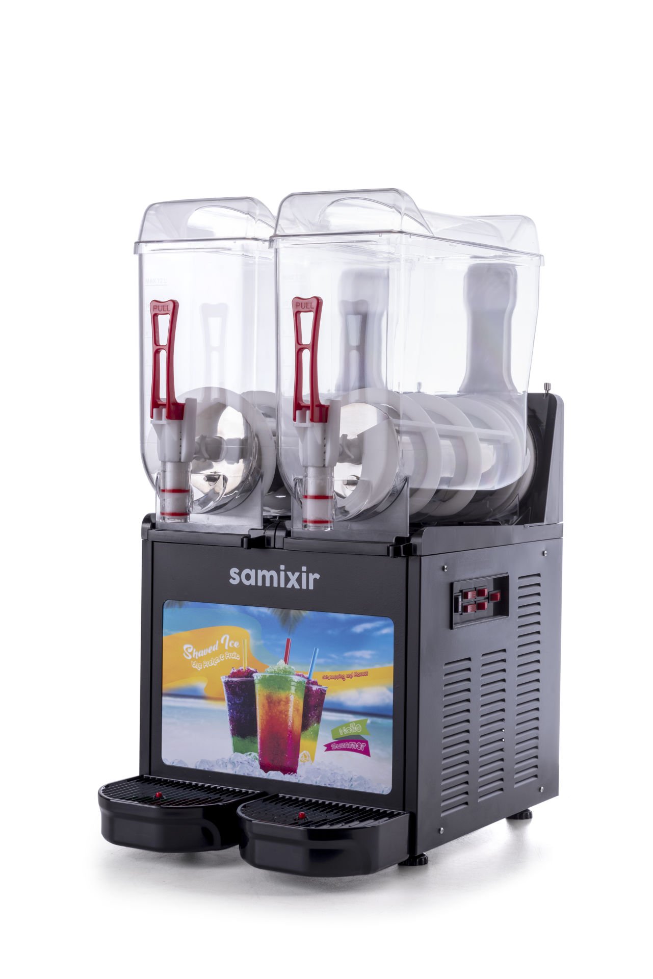 Ice slush makinenizi kaliteli ice slush konsantresi ile tamamlamak için tıklayın!Samixir SLUSH24 Allure Twin Ice Slush Granita Milkshake ve Soğuk Meyve Suyu Dispenseri, 12+12 L, Siyah